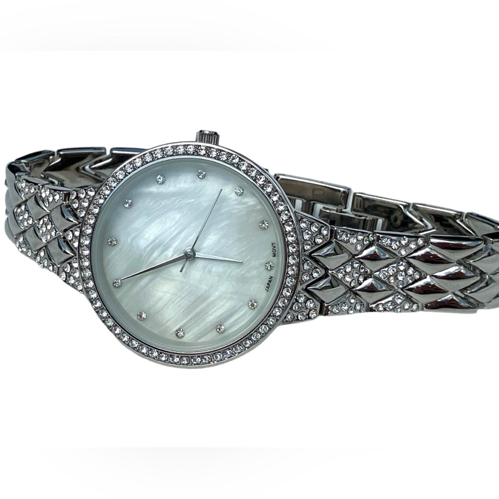 Women’s Rhinestone Watch Classic White Face Silver Tone Link Bracelet Bezel